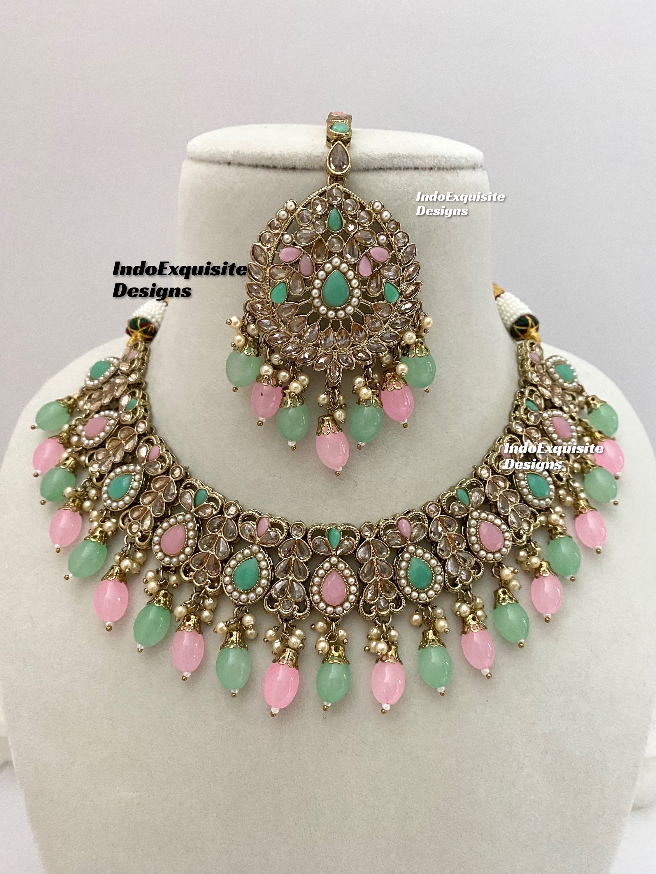 Antique Gold Polki Necklace Set /Indian Jewelry/ High Quality Kundan and Polki Jewelry/Bollywood Jewelry/Pink mint green Antique Gold Polki Necklace Set /Indian Jewelry/ High Quality Kundan and Polki Jewelry/Bollywood Jewelry/Pink mint green