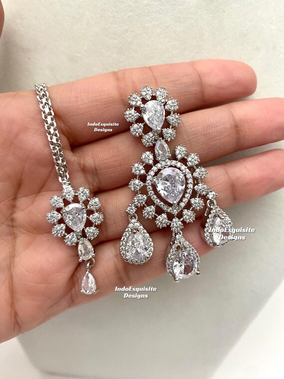 Double Layer American Diamond Silver Combination Necklace Set/cz