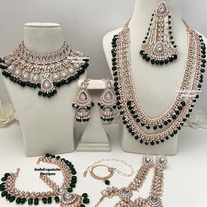 L&#39;ensemble nuptiale Kundan Meenakari de qualité supérieure est livré avec tous les accessoires/ Bijoux de mariée indiens/ Parure nuptiale kundan élégante/vert