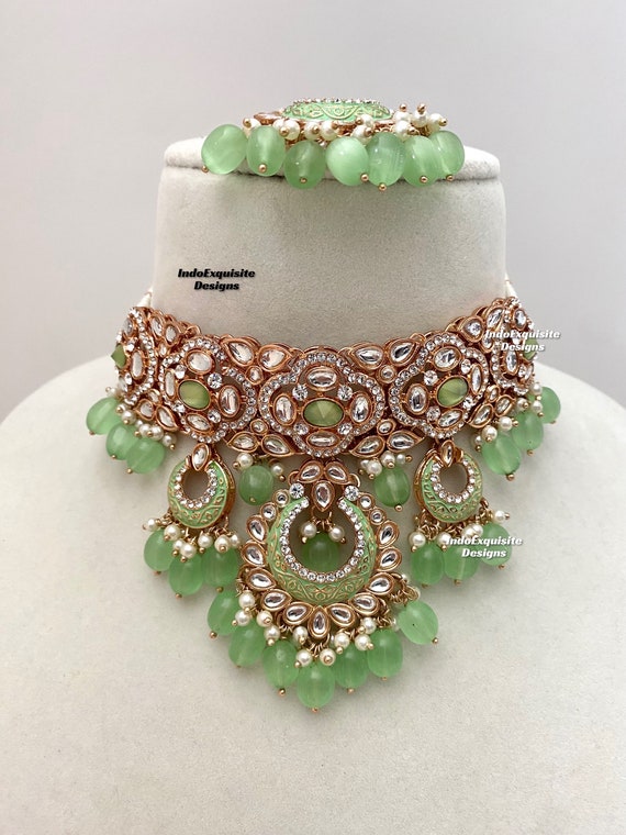 Premium Quality Kundan Meenakari Trendy choker set with beautiful Earrings and tikka/rose gold base/Kundan Polki jewelry
