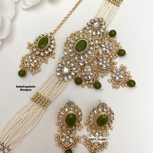 Gorgeous Kundan pearls Choker Set/ Indian Jewelry/unique Kundan choker set/Indian jewelry set/Bridal jewelry/mehndi/olive green