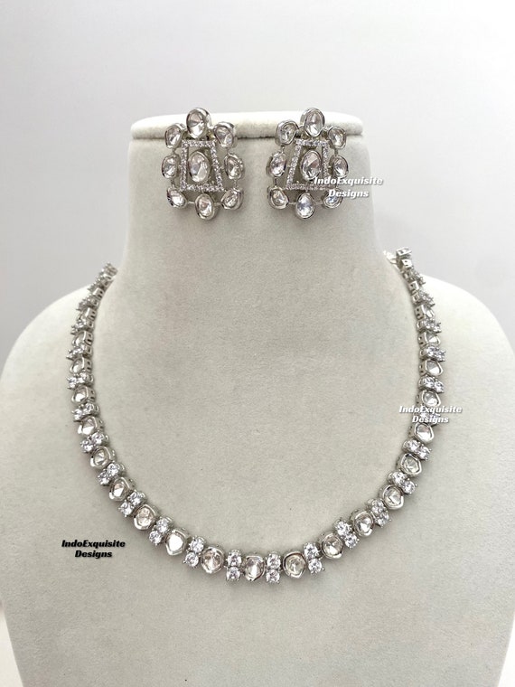 Premium Quality Tyaani Inspired uncut Kundan polki Necklace set/Real uncut Kundan Polki/High quality single line necklace Set/Silver color