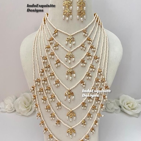 Satlada Kundan Raani haar/long Necklace Set/ Indian Jewelry/ High quality kundan Mala Set/ Pearl long necklace/ bridal long Necklace