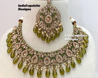 Conjunto de collar Polki de oro antiguo / joyería india / joyería Kundan y Polki de alta calidad / joyería de Bollywood