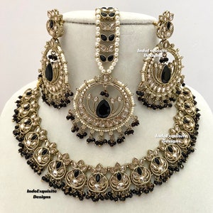Gorgeous antique Gold Polki Necklace Set with elegant earrings tikka /Indian Jewelry/ High Quality/Bollywood Jewelry/black