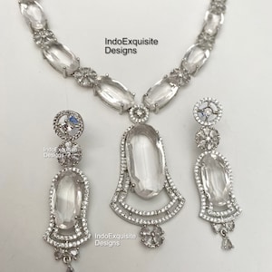 American Diamond Necklace Set/Silver /CZ Necklace/Indian Jewelry/ Reception Jewelry/ Bollywood Jewelry
