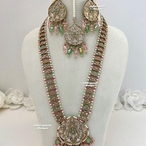 Designer MOP Polki Raani haar/Pink long Necklace/Indian Jewelry/ High quality kundan polki Mala Set/ Bollywood jewelry/ bridal long Necklace