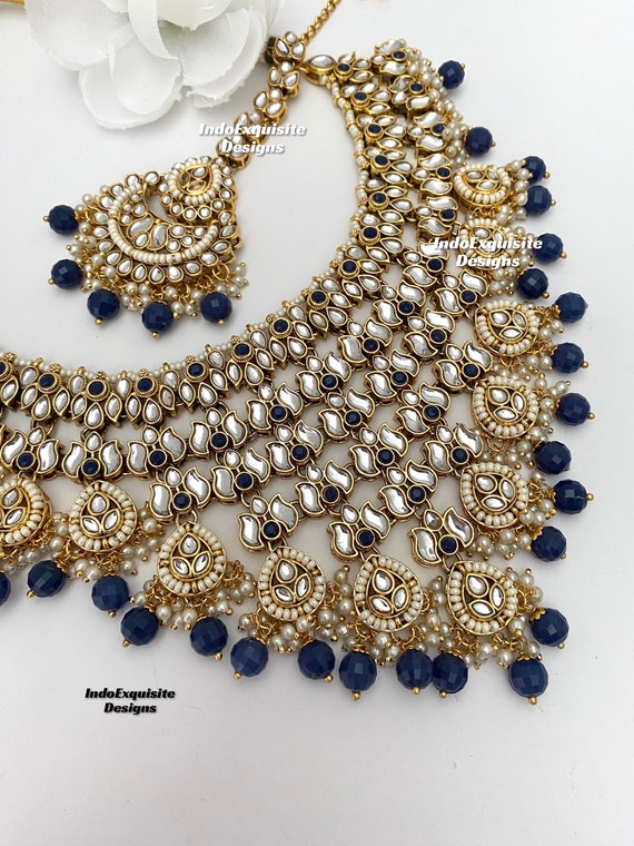 I Jewels Gold Plated Indian Wedding Kundan Necklace Set - Blue Stone Choker With Earrings, Free Size - View #2