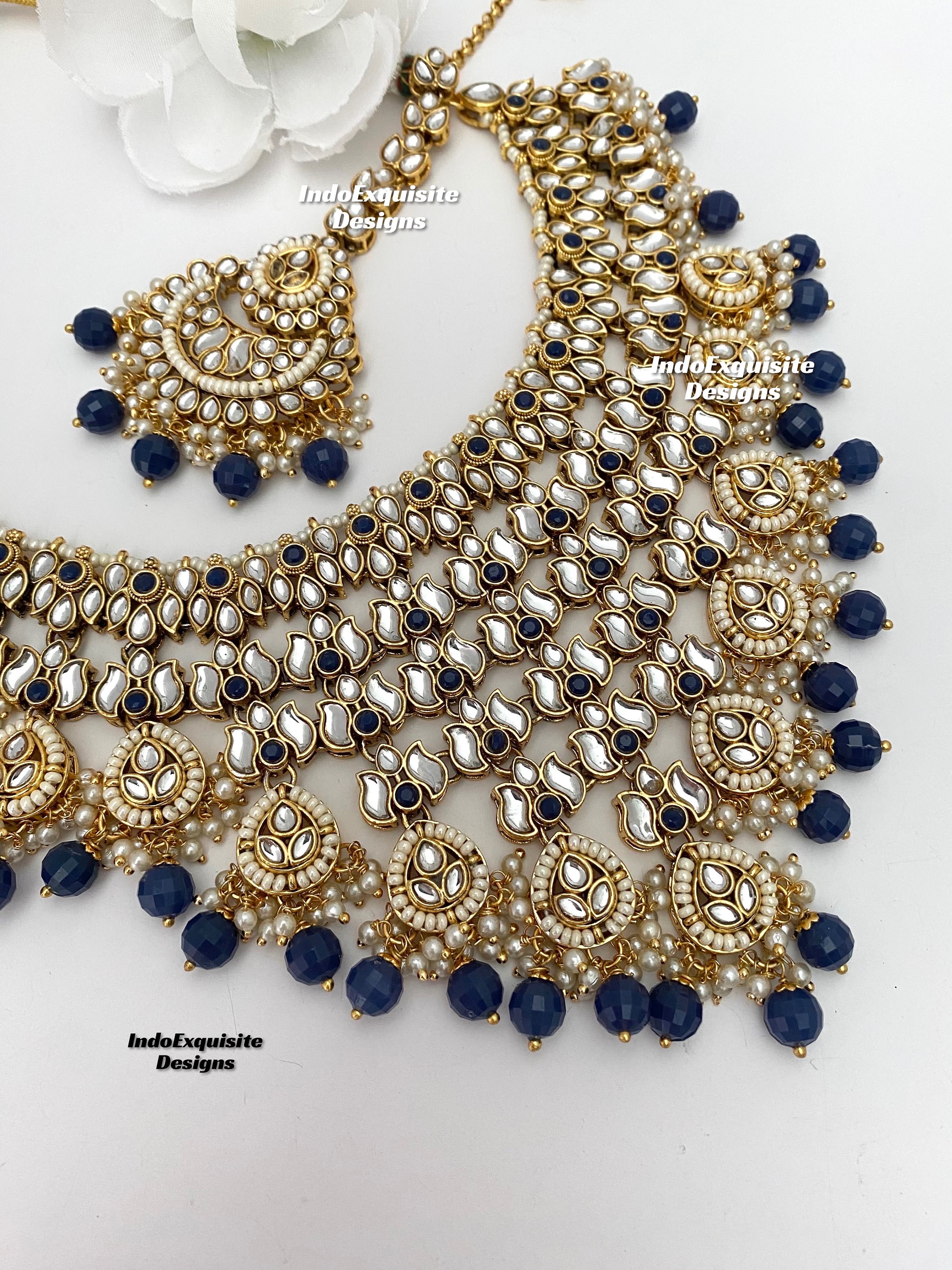 I Jewels 18K Gold Plated Indian Wedding Necklace Set - Kundan & Pearl Bollywood Bridal Jewelry In Blue - View #7
