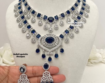 Ensemble de colliers diamants américains/Collier CZ/Bijoux indiens/Bijoux Bollywood/Collier AD 2 couches/Argent Bleu marine