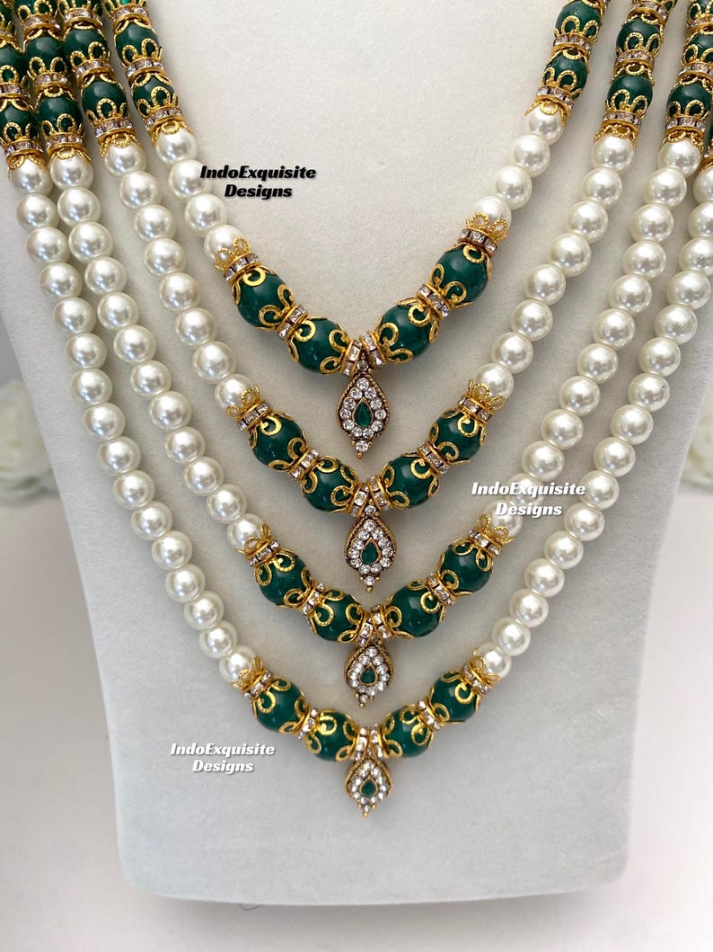 Vackra pärlor Flerskiktad grön brudgum mala set/Handpärlhalsband set/Indiska bröllopssmycken/Sherwani Mala bild 10