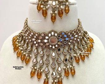 Elegant Antique gold base mirror Choker Set/Indian Jewelry/High quality mirror kundan jewelry/unique waterfall choker set