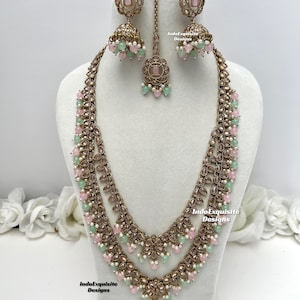 Antique gold Polki double layer Raani haar/ long Necklace/Indian Jewelry/ Bollywood jewelry/ bridal long Necklace/pink mint rani haar