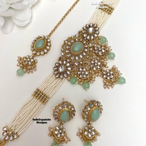Gorgeous Kundan pearls Choker Set/ Indian Jewelry/unique Kundan choker set/Indian jewelry set/Bridal jewelry/mint/pitsa/sage green