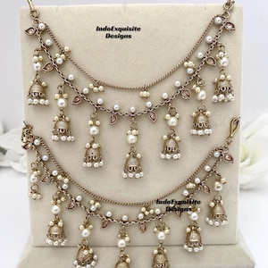 Elegant Antique Gold Polki 3 layers jhumki saharey (pair)/ kann chain/Bahubali chains/Indian Jewelry hair accessories