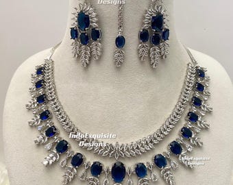American Diamond double layer Necklace Set/CZ Necklace/Indian Jewelry/ Statement AD necklace set/Reception necklace set/Navy Blue