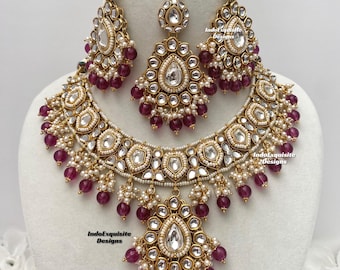 Conjunto de collar Kundan/joyería india/collar Kundan Polki/joyería de alta calidad/conjunto de collar estilo Bollywood/conjunto de collar moderno/vino morado