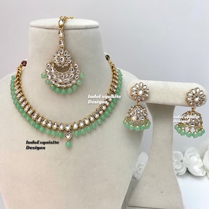 Kundan Necklace Set/Indian jewelry/Kundan Polki Necklace/High quality jewelry/single line necklace set/mint green color