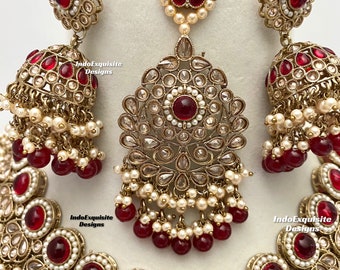 Set Gioielli Indiano Bollywood &ndash; Collana E Orecchini Oro E Arancione, Tono Oro, Kundan, Ottone