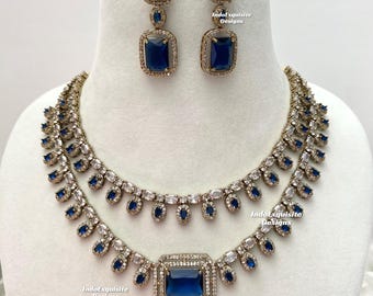 American Diamond Necklace Set in antique gold/CZ Necklace/Indian Jewelry/ double layer/2 layered AD necklace/antique gold/Navy blue