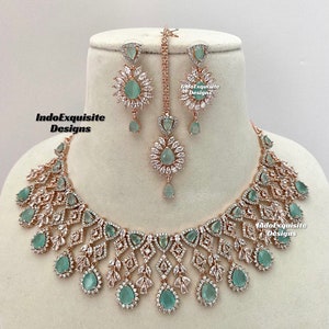 American Diamond Necklace Set in rose gold color/ CZ Necklace/Indian Jewelry/ Reception Jewelry/ Bollywood Jewelry/ Statement Necklace Set