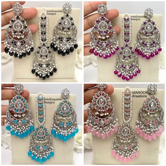 High quality Silver Polki Earrings and Tikka Set/ Indian Jewelry/ Bollywood Jewelry/ High Quality Jewelry/ Silver reverse ad tikka set