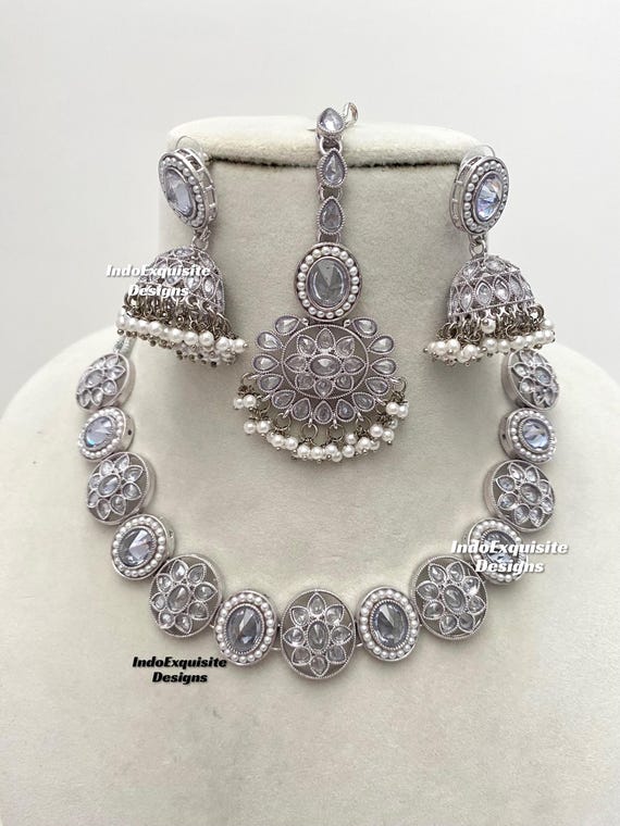 Silver combination Polki necklace Sets/Indian Jewelry/ High Quality Kundan and Polki Jewelry/Bollywood Jewelry