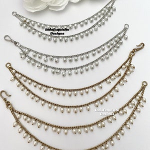 Antique Gold/Silver polish saharey (pair)/ double layer Pearls Ear chains/ kann chain/Bahubali chains/Indian Jewelry hair accessories