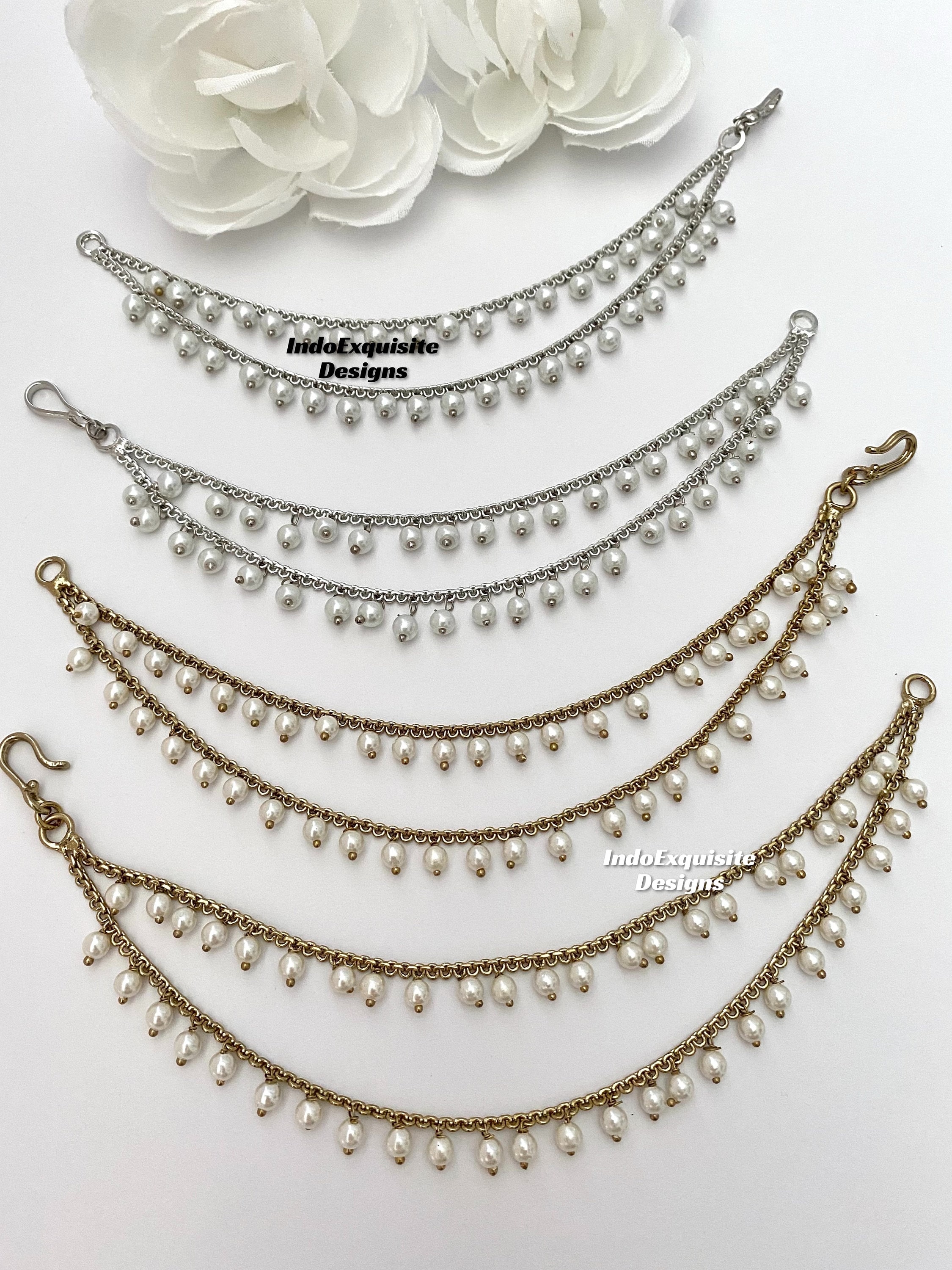 Antique Gold/Silver polish saharey (pair)/ double layer Pearls Ear chains/ kann chain/Bahubali chains/Indian Jewelry hair accessories