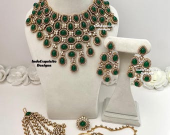 Premium quality elegant Kundan Bridal set comes with unique earrings and tikka/Indian bridal jewelry/ high quality kundan Polki jewelry