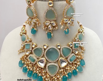 Kundan necklace/choker Set/Indian jewelry/Kundan Polki Necklace/High quality jewelry/Bollywood style necklace set/sky blue/firozi/turquoise