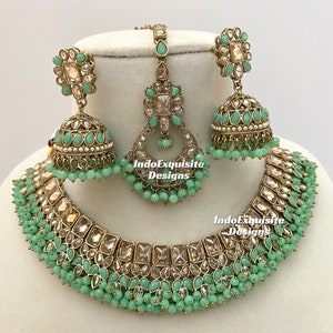 Antique Gold Polki Necklace Set in mint green color / Indian Jewelry/ High Quality Kundan and Polki Jewelry/Bollywood Jewelry