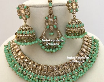 Antieke gouden Polki ketting Set in mint groene kleur / Indiase sieraden / Hoge kwaliteit Kundan en Polki sieraden / Bollywood sieraden