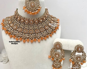 Conjunto de collar nupcial Polki de oro antiguo/conjunto nupcial indio/ joyería Kundan y Polki de alta calidad/collar elegante gargantilla adjunta/melocotón oscuro