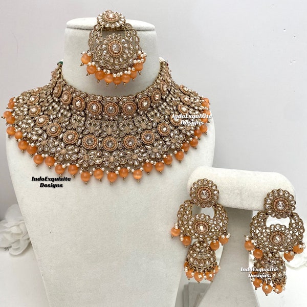 Antique Gold Polki Bridal Necklace set/Indian  Bridal set/ High Quality Kundan and Polki Jewelry/elegant necklace attached choker/dark peach