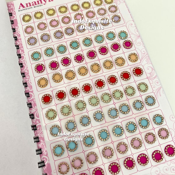 Velvet Pastel Bindi book includes assorted colors and sizes (960 bindis in a book) /Stone border bindis/Indian forehead stickers