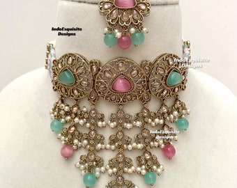Elegant Antique gold Polki Choker Set/Indian Jewelry/High quality kundan Polki jewelry/pearls choker set/pink sky blue