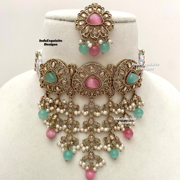 Elegant Antique gold Polki Choker Set/Indian Jewelry/High quality kundan Polki jewelry/pearls choker set/pink sky blue