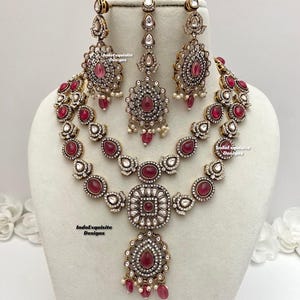 Elegant Bollywood style Victorian Monalisa stones necklace set/Indian Jewelry/Indian bridal set/Bridal jewelry/Ruby