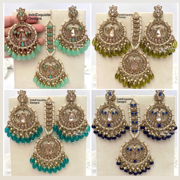 High quality Antique gold polki  Earrings and Tikka Set/ Indian Jewelry/ Bollywood Jewelry/  Antique gold reverse ad tikka set
