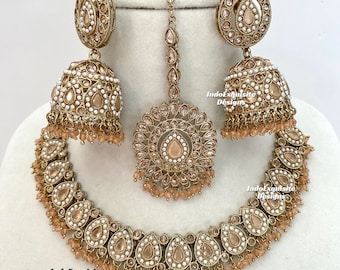 Premium quality Antique Gold Polki Necklace Set/Indian Jewelry/ High Quality Kundan and Polki Jewelry/Bollywood Jewelry/peach