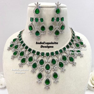 American Diamond Necklace Set / CZ Necklace/Indian Jewelry/ Reception Jewelry/ Bollywood Jewelry/ Statement Necklace Set/Silver Green