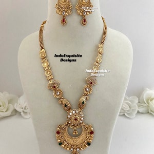Matt gold Finish polki kundan long necklace with earrings /Indian Jewelry/matt finish temple jewellery/South Indian/Rajwadi Necklace