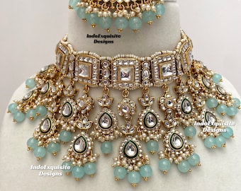 Premium Quality elegant  Kundan choker Set/ Indian Jewelry/Indian bridal set/Bridal jewelry/sky blue/light firozi