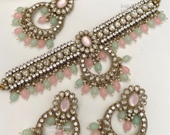 Kundan Choker Set/Pastel pink mint choker set/Indian jewelry/Kundan Polki Necklace/High quality jewelry/Bollywood style choker set