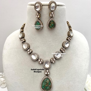 Sabyasachi inspired Victorian base uncut Kundan doublet stone necklace set/Victorian base Kundan necklace set/mint green