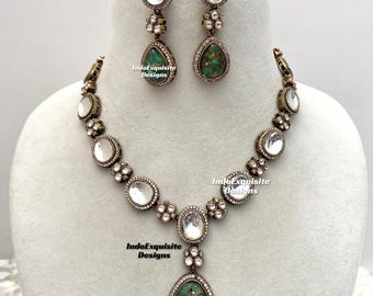 Sabyasachi inspired Victorian base uncut Kundan doublet stone necklace set/Victorian base Kundan necklace set/mint green