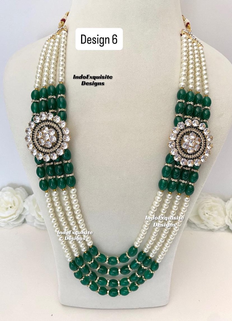 Vackra pärlor Flerskiktad grön brudgum mala set/Handpärlhalsband set/Indiska bröllopssmycken/Sherwani Mala bild 6