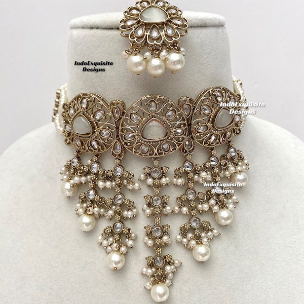 Elegant antique gold base white Polki Choker Set/Indian Jewelry/High quality kundan Polki jewelry/pearls choker set