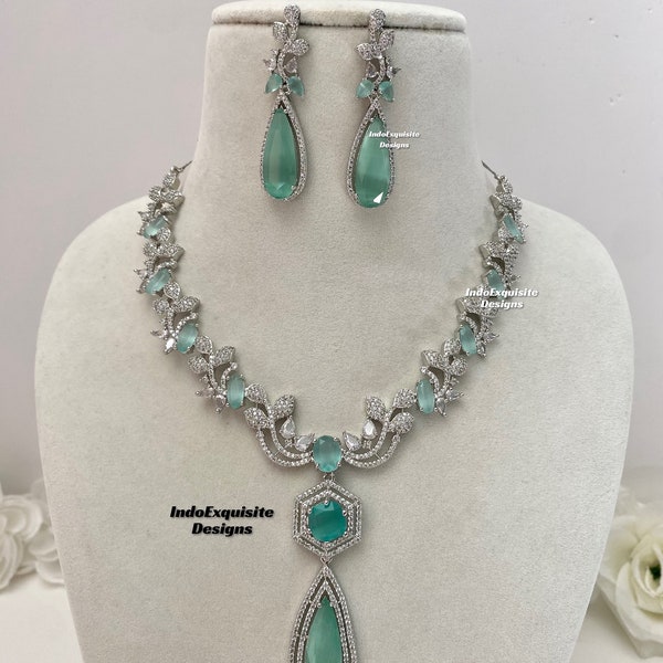 American Diamond Necklace Set/ CZ Necklace/ Reception Jewelry/ Bollywood Jewelry/Silver pista/Silver sage green/Silver mint